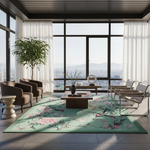 A large rectangular area rug with a light green background and pink floral, bird, and branch patterns, styled in a modern, sunlit living room with brown leather armchairs, a wooden coffee table, and large windows overlooking a cityscape.
