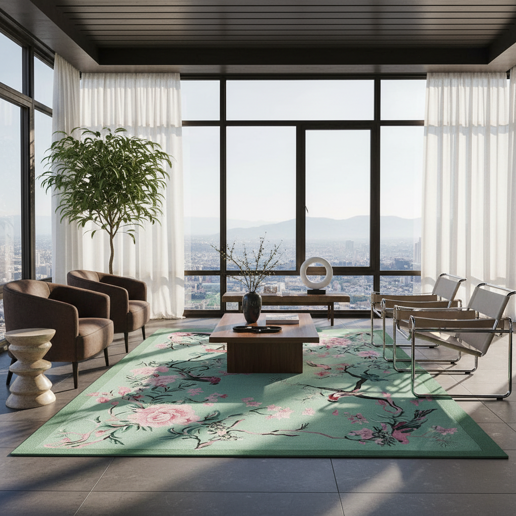 A large rectangular area rug with a light green background and pink floral, bird, and branch patterns, styled in a modern, sunlit living room with brown leather armchairs, a wooden coffee table, and large windows overlooking a cityscape.