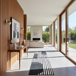 A modern interior hallway with wood-paneled walls, a black-and-white striped runner rug, a console table, and large floor-to-ceiling windows looking out onto greenery.