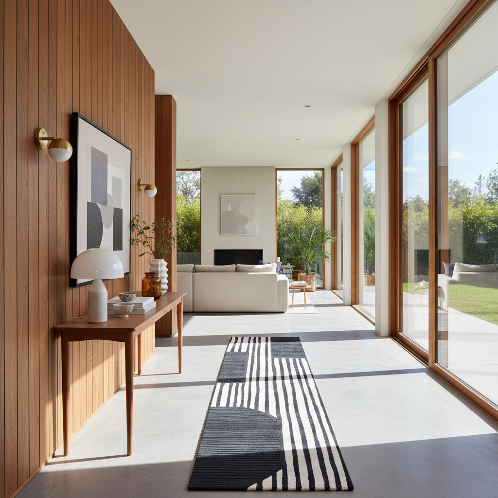 A modern interior hallway with wood-paneled walls, a black-and-white striped runner rug, a console table, and large floor-to-ceiling windows looking out onto greenery.