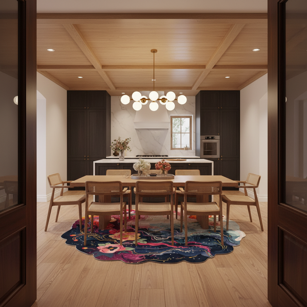 A dining room scene viewed through an open doorway, showing a wooden dining table with woven-back chairs on a colorful abstract rug. The room has light wood ceiling and floor, a modern kitchen in the background with dark cabinets and white countertops, and a chandelier above the table.