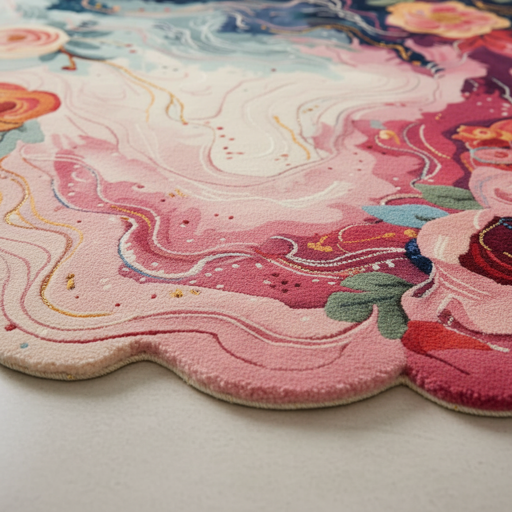 A close-up of a scalloped area rug with a detailed, colorful abstract floral design in shades of pink, red, blue, green, and gold, shown on a neutral light gray floor.
