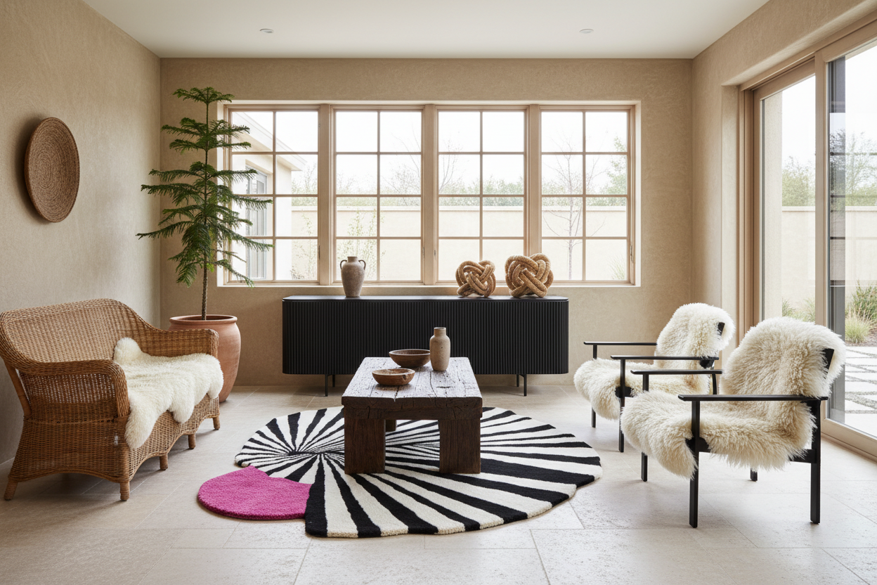 Modern living room with wicker chair, round rug, and decorative round rug.