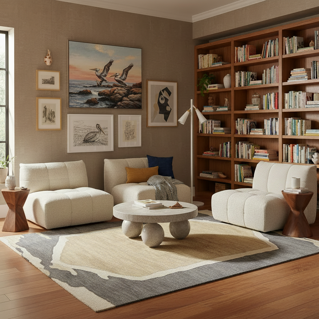 A styled living room interior with cream upholstered seating, a round stone coffee table, a large patterned area rug, wood bookshelves, and framed wall art. No people or animals are present, but this is still a real interior environment rather than a clean isolated product shot, so subject_type is Lifestyle.