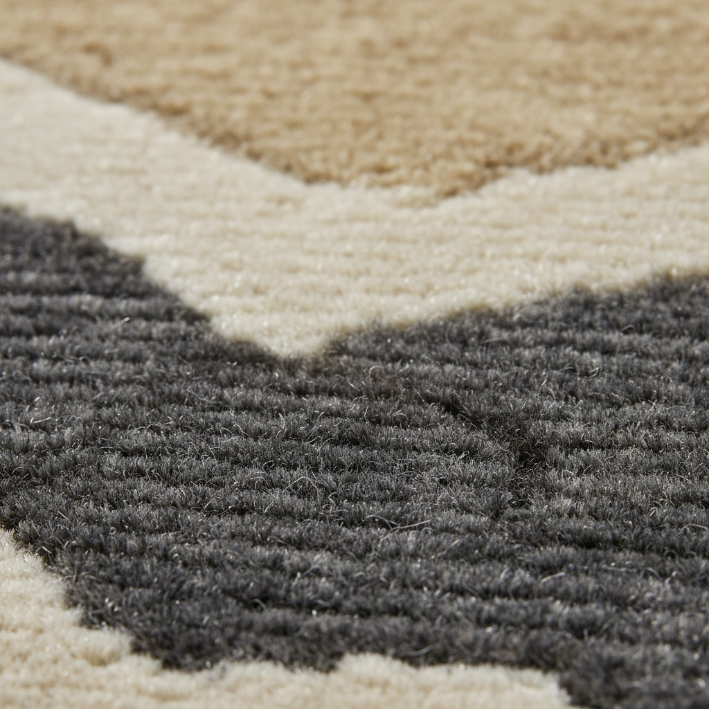 Close-up of a textured area rug with a geometric chevron pattern in charcoal gray, cream, and tan.