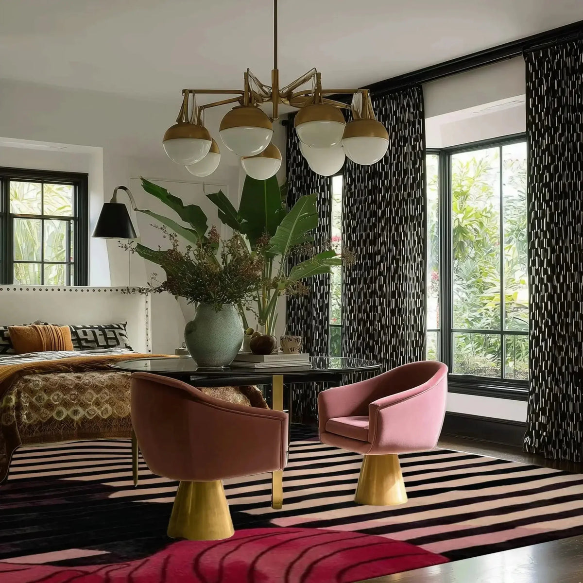 Modern dining room with pink chairs, striped rug, and decorative plants.