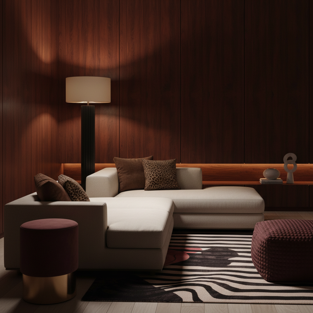 A modern living room scene with a cream sectional sofa, patterned throw pillows, a black floor lamp, dark wood paneled walls, a zebra-print rug, and a pink upholstered ottoman.