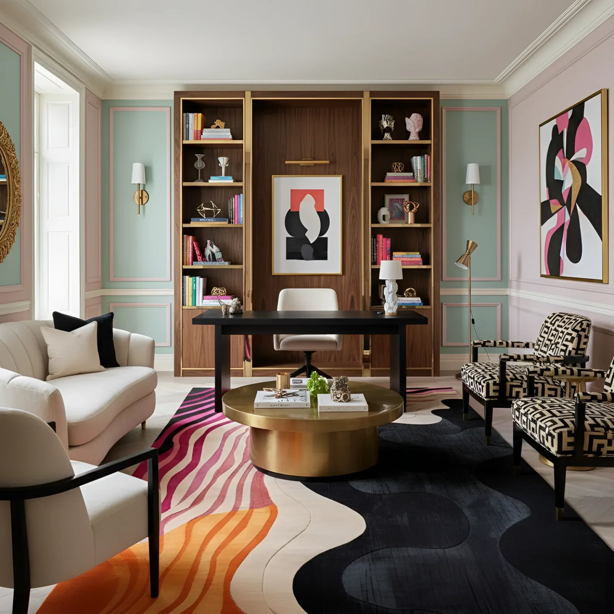 Modern living room with bookshelves, furniture, and colorful rug.
