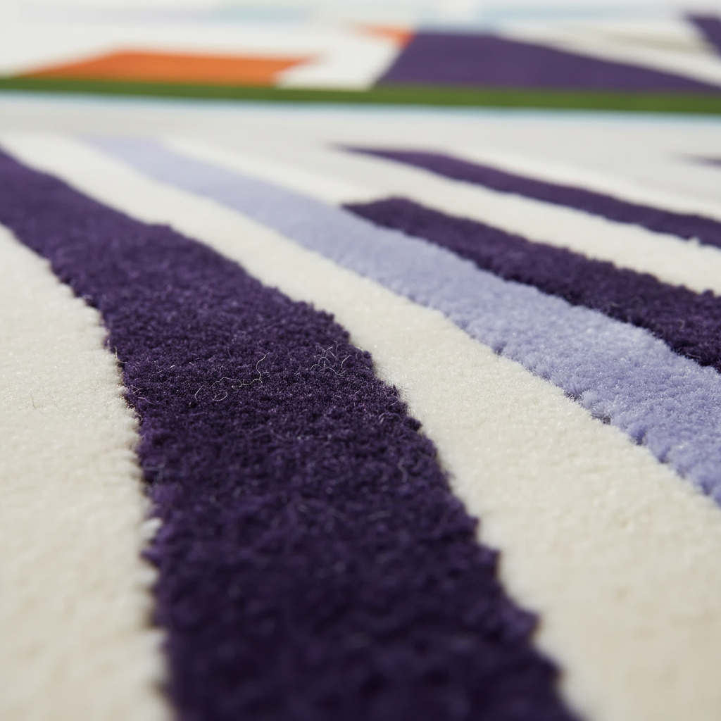 Close-up of a plush textured rug with bold diagonal stripes in deep purple, light lavender, and off-white.