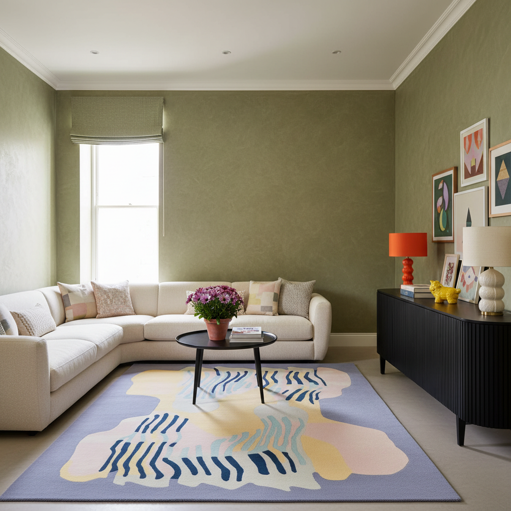 A styled living room featuring a large abstract area rug in lavender, cream, and navy tones. The room has sage green textured walls, a white sectional sofa, a black sideboard, and a black coffee table with a purple flower arrangement on top.
