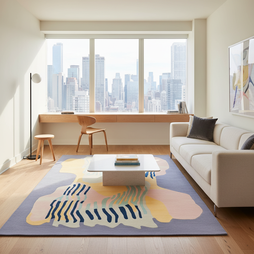 A modern living room with a large abstract area rug in lavender, cream, yellow, pink, and navy tones. The rug is styled in a bright, contemporary apartment setting with a white sofa, a low white coffee table, a wooden desk by a large window with a city skyline view, and a minimalist black floor lamp.