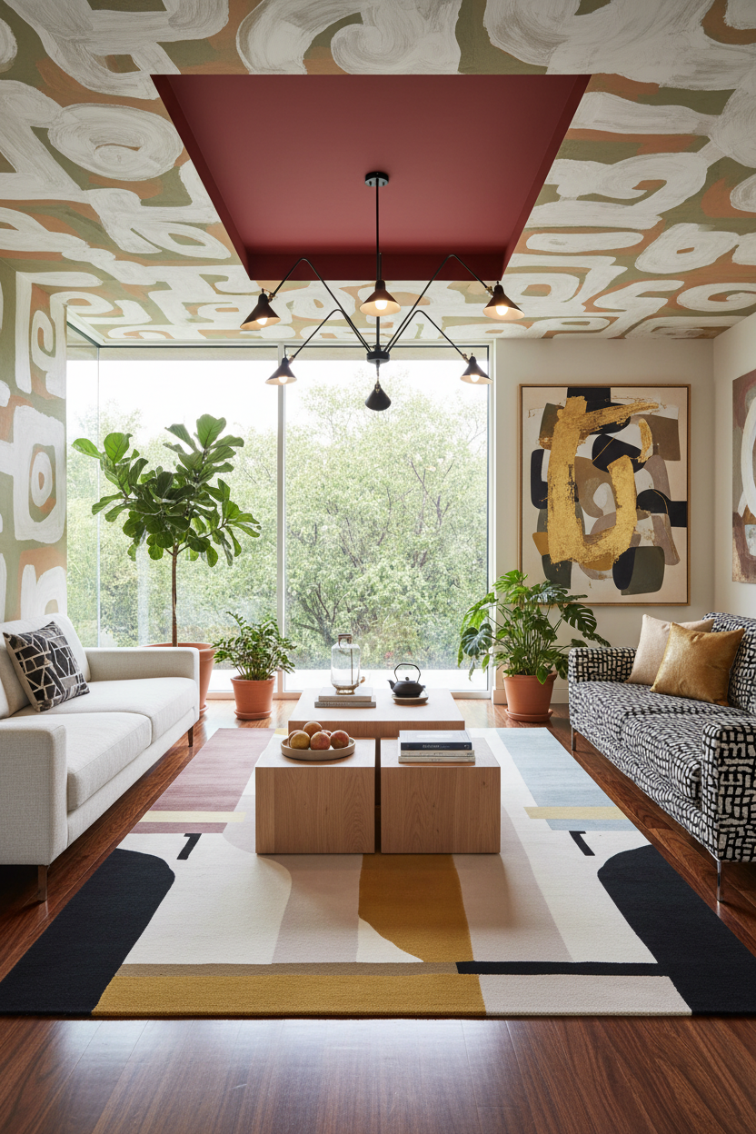 A modern living room with abstract patterned wallpaper, a large window with green trees outside, a white sofa, a patterned sofa, wooden coffee tables, potted plants, and a bold geometric area rug.