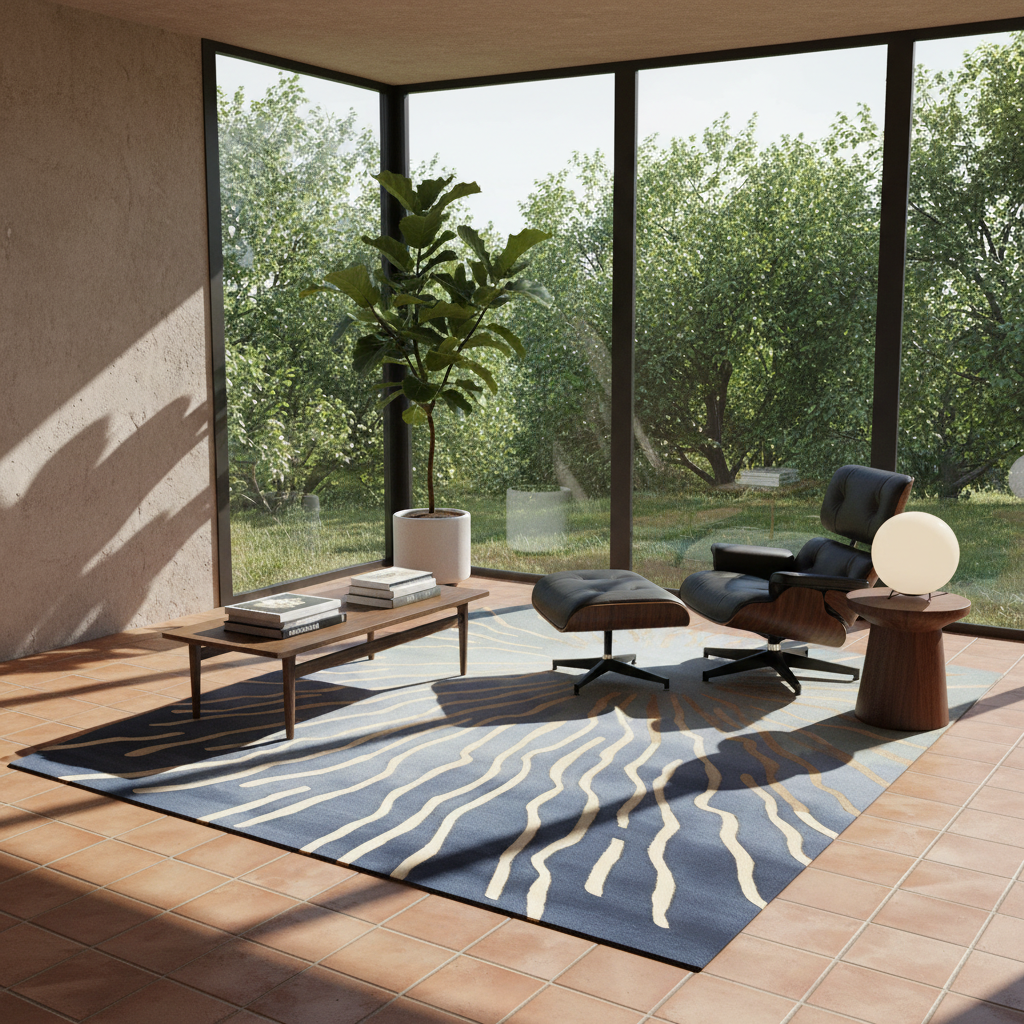 A modern living room scene with a blue area rug featuring beige wavy stripes, a mid-century lounge chair, an ottoman, a low wooden coffee table, and a potted plant in front of large floor-to-ceiling windows overlooking green trees.
