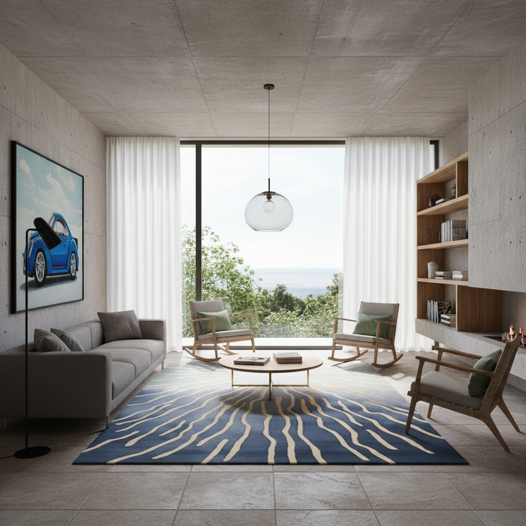 A modern living room with concrete walls and a large blue patterned area rug, featuring a gray sofa, two wooden rocking chairs, a round coffee table, and a large framed artwork of a blue car on the wall.