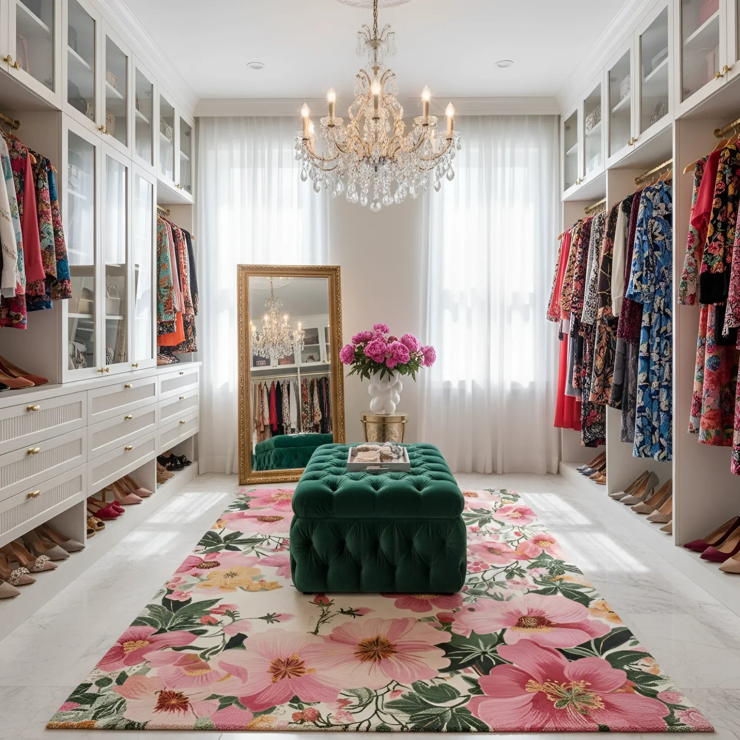 Luxurious walk-in closet with floral rug, green ottoman, and chandelier.