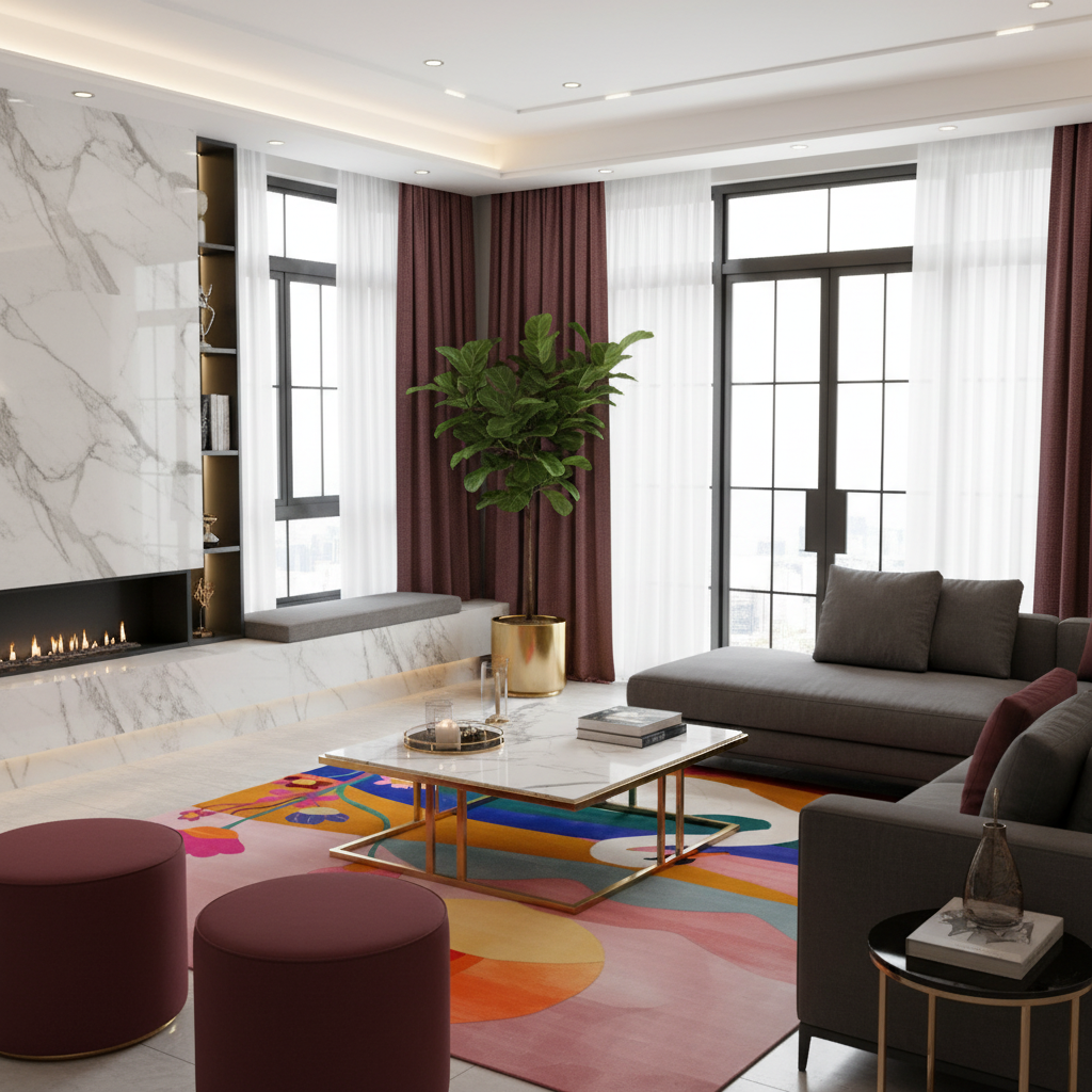 A modern living room interior with a gray sectional sofa, marble coffee table, colorful abstract rug, burgundy curtains, a fireplace, and a potted plant.
