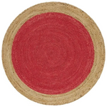 A round woven rug with a vibrant red center and a natural tan jute border, shown from a top-down view on a white background.