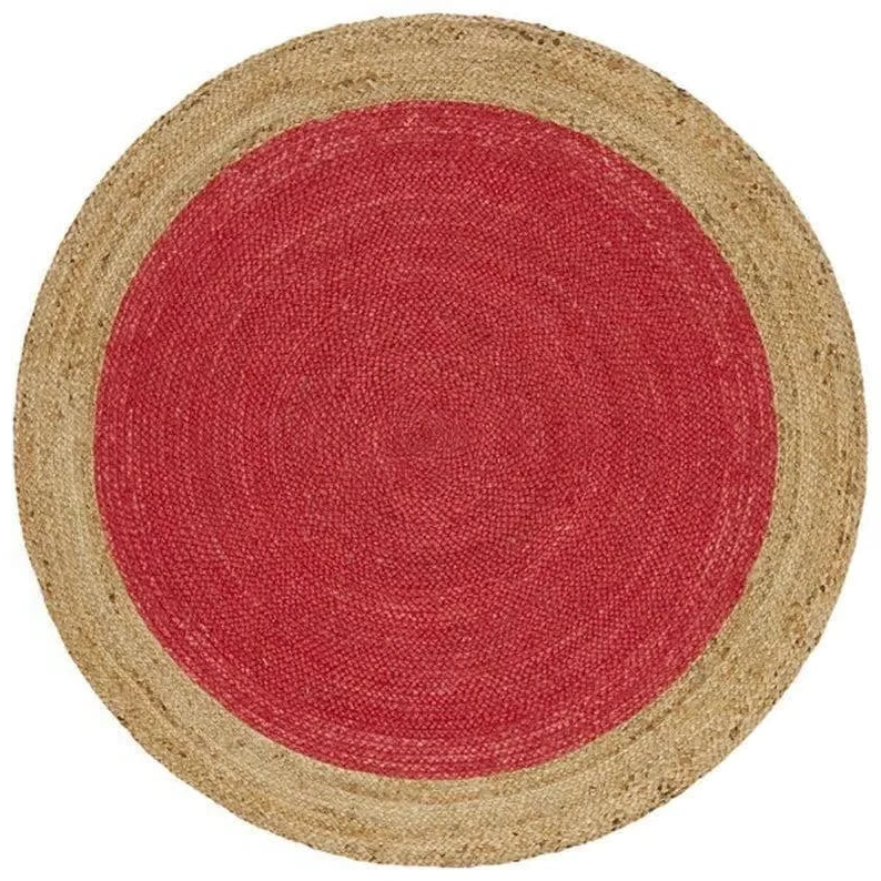 A round woven rug with a vibrant red center and a natural tan jute border, shown from a top-down view on a white background.