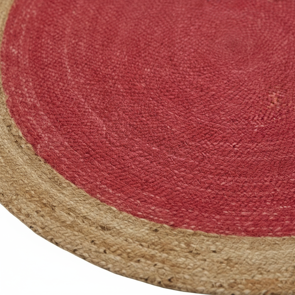 A close-up of a round woven placemat or rug with a textured red center and a natural tan braided border, shown on a white background.