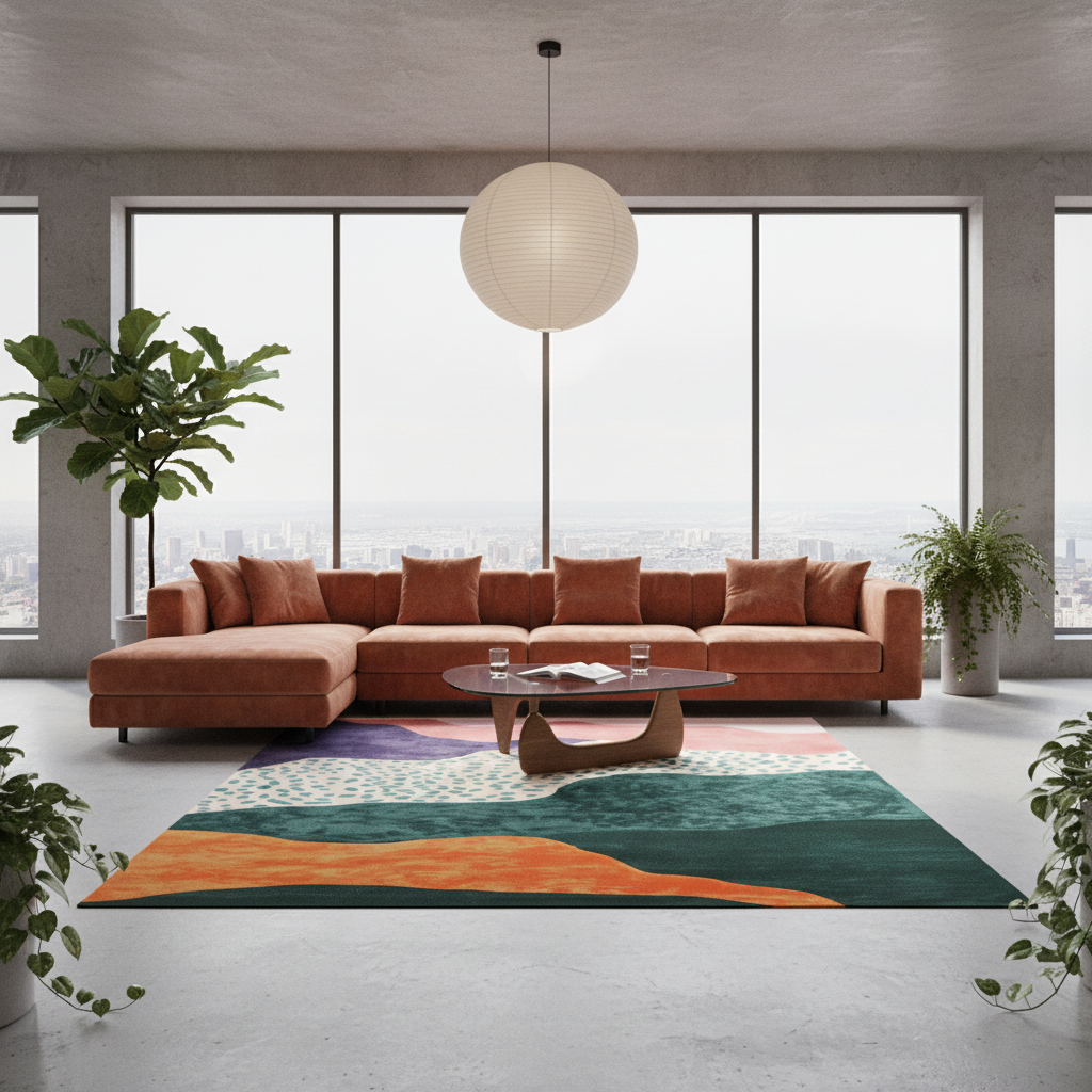 A modern sectional sofa in terracotta rust color arranged on a colorful abstract area rug in a high-rise apartment living room with large windows and city views.
