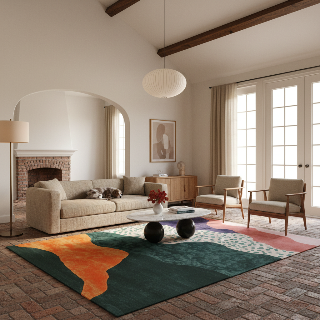 A modern living room with a large abstract area rug in green, orange, and teal tones, styled with a beige sofa, two wooden armchairs, a round coffee table, and a brick fireplace in the background.