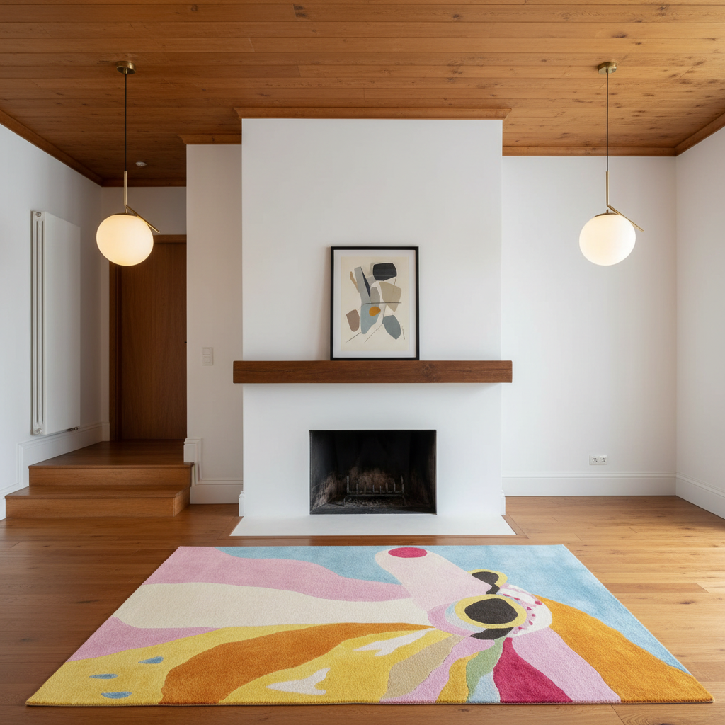 A colorful abstract area rug in shades of pink, yellow, blue, and cream is styled in a modern living room with a white fireplace, wood ceiling, and two hanging globe lights.