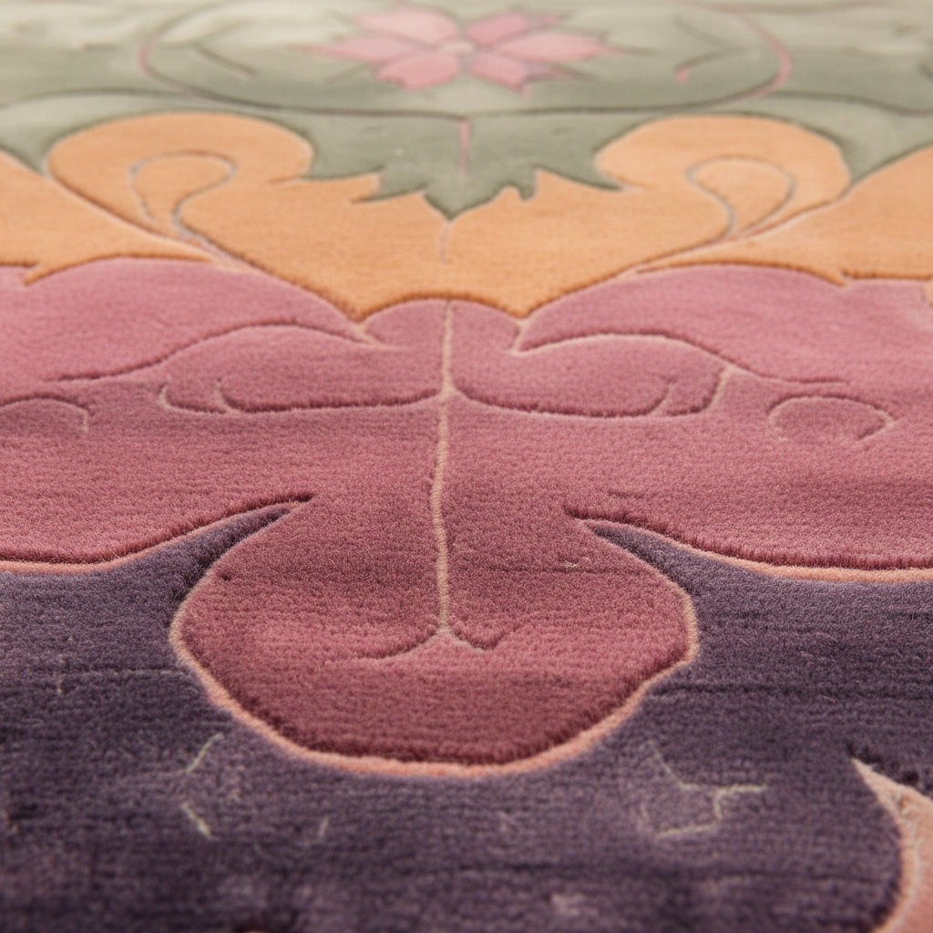 Close-up of a plush area rug with a raised floral and scroll pattern in muted tones of dusty pink, mustard yellow, sage green, and dark plum purple.
