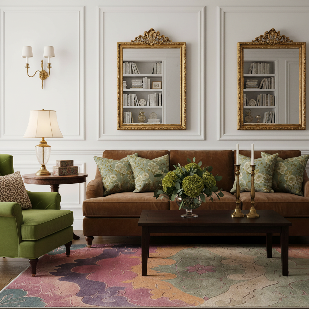 A styled living room scene with a brown sofa, green patterned throw pillows, a green armchair, a dark wood coffee table, a colorful floral rug, wall sconces, and two ornate gold-framed mirrors on a white paneled wall.