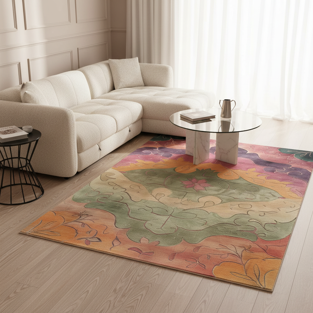 A colorful area rug with an abstract floral pattern in shades of orange, green, pink, and purple, styled in a bright, modern living room with a cream sectional sofa and a glass coffee table.