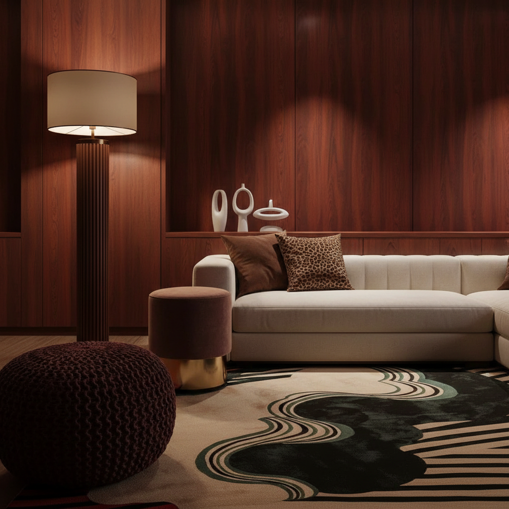 A luxury modern living room featuring a cream tufted sofa with brown and leopard print pillows, a dark wood-paneled wall, a tall ribbed floor lamp, a round dark purple knit pouf, and a patterned area rug.