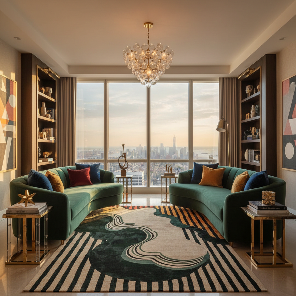 Modern living room with green sofas, a chandelier, an abstract wool rug, and cityscape view.