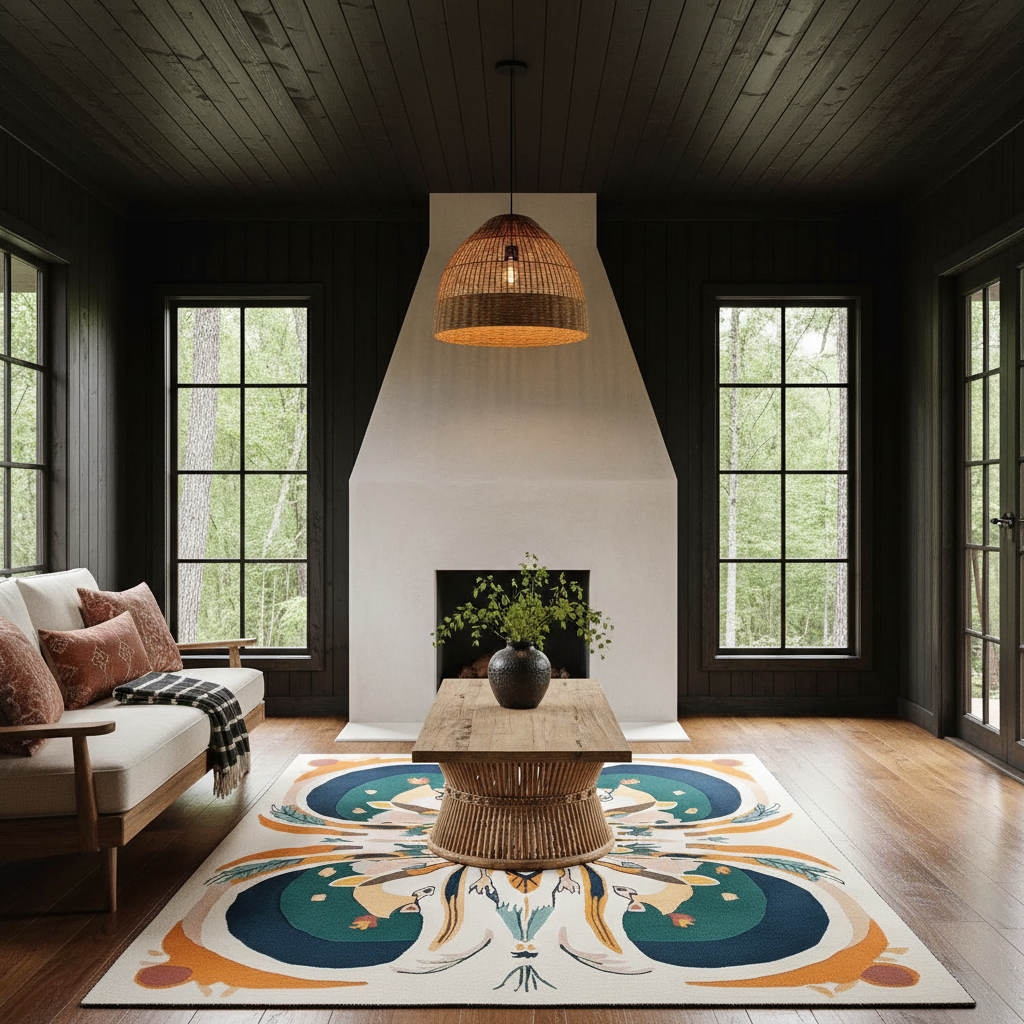 A styled interior room with a large area rug featuring a symmetrical abstract medallion pattern in teal, orange, and cream. The room has dark wood paneled walls and ceiling, a white fireplace with a tall flue, a hanging woven pendant light, a wooden coffee table, and a sofa with pillows.
