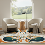 A large area rug with a symmetrical, mandala-like abstract pattern in teal, orange, cream, and yellow, styled in a bright living room between two beige armchairs and a small wooden side table.