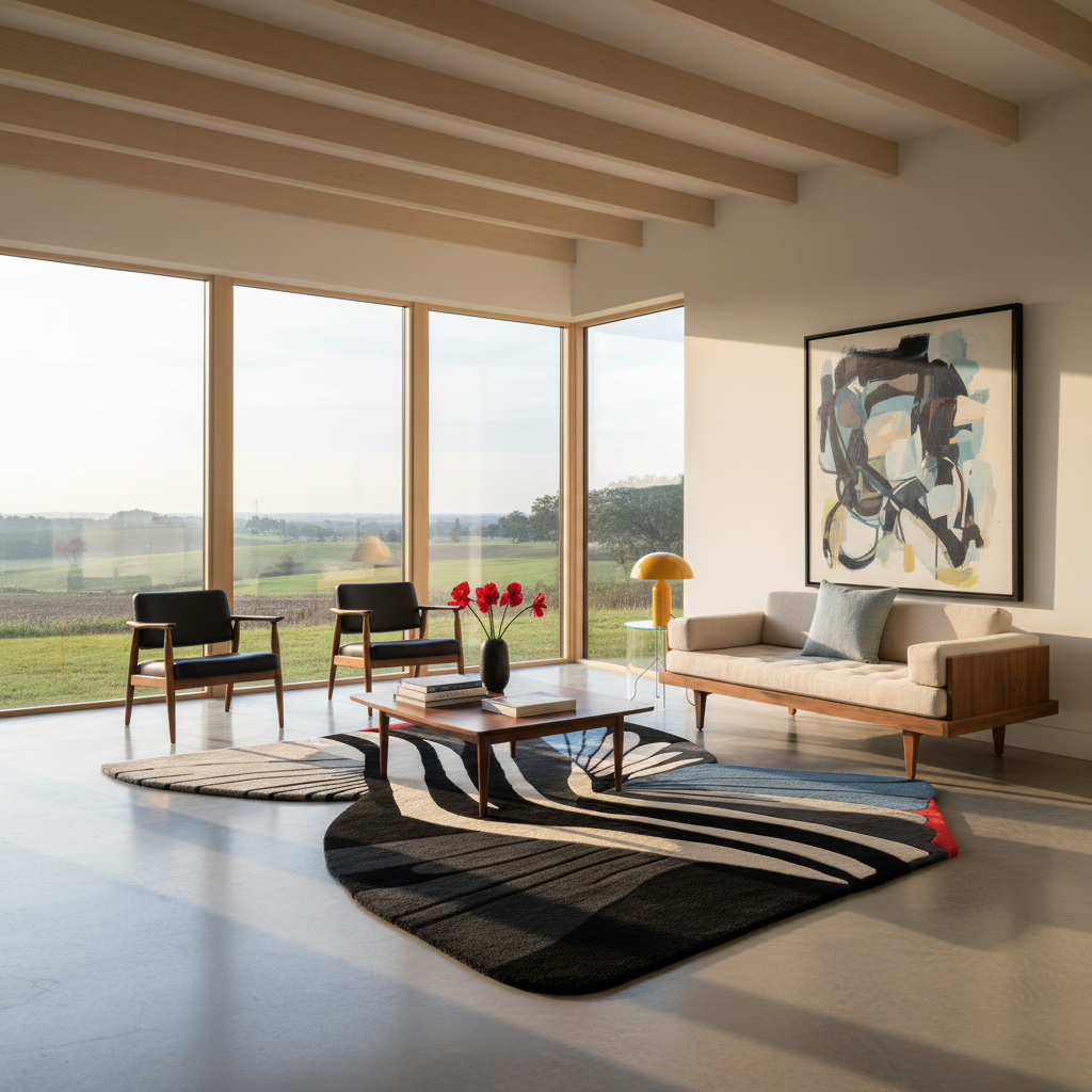 A modern living room with a beige sofa, black accent chairs, a low wooden coffee table, a large abstract wall art print, and a bold black, gray, and cream patterned area rug. The room features light wood ceiling beams and large windows overlooking a green field.