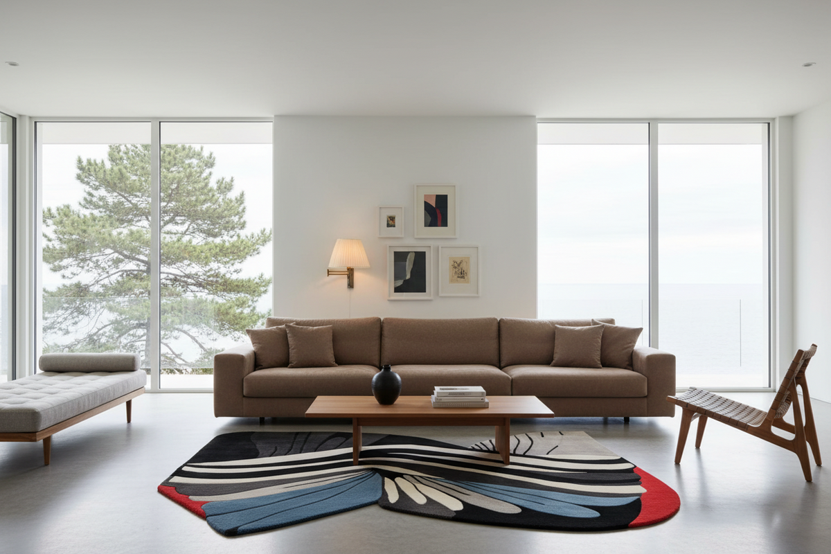 A modern living room featuring a brown sectional sofa, a colorful abstract-patterned rug, a wooden coffee table, and a minimalist lounge chair in front of large windows overlooking a tree and water.