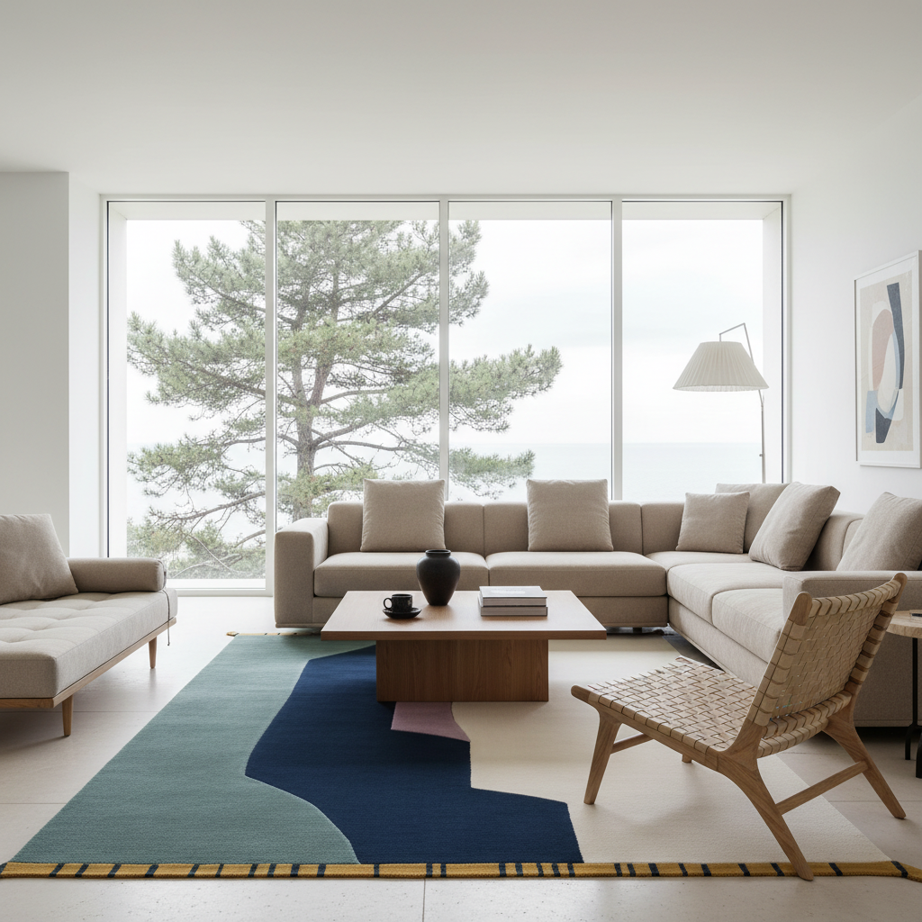 A modern living room with a large sectional sofa, matching armchair, wooden coffee table, and a bold abstract area rug in teal, navy, and cream. Large floor-to-ceiling windows show a pine tree and ocean view.