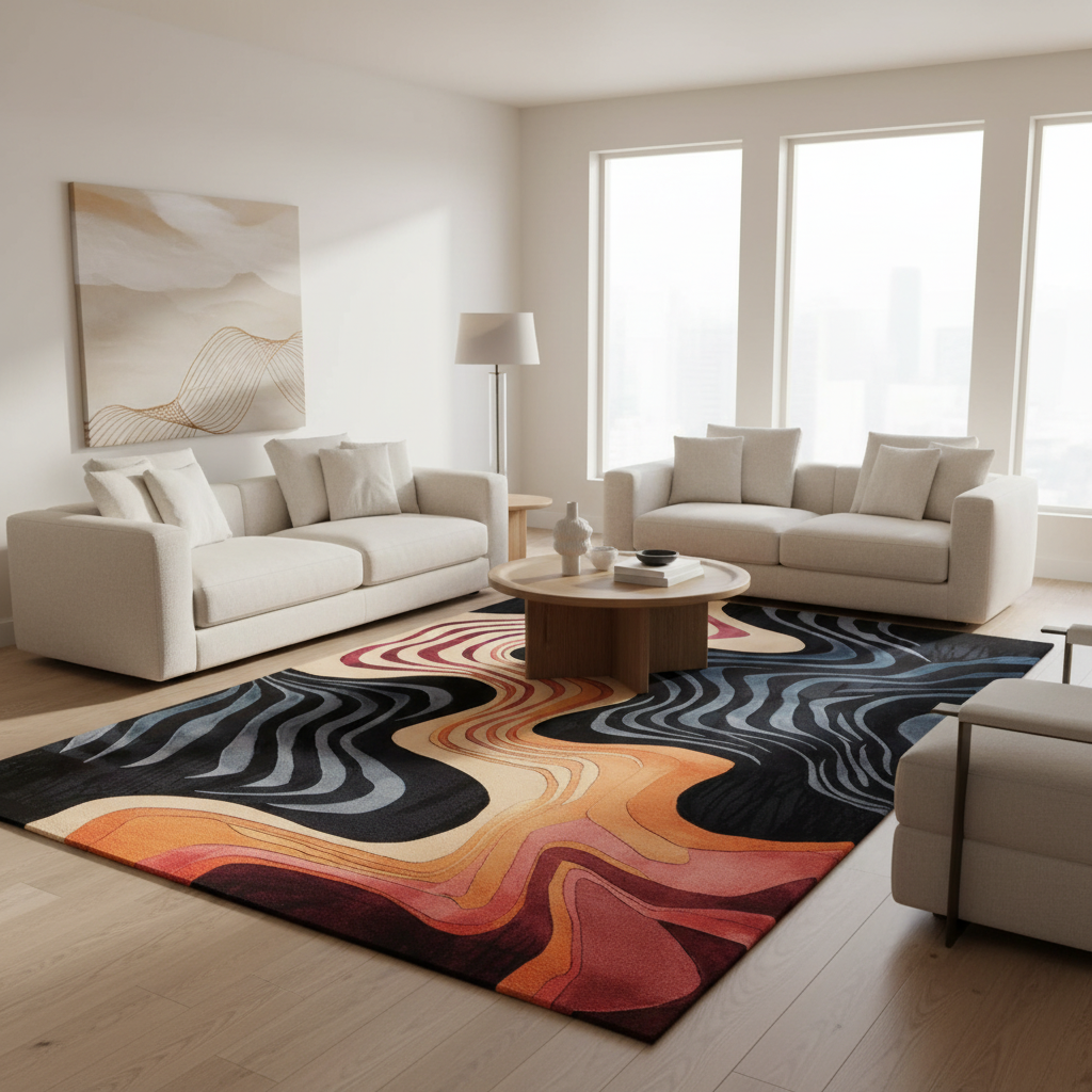 A large modern area rug with an abstract wavy pattern in black, gray, orange, red, and cream, styled in a bright, contemporary living room with two cream-colored sofas and a round wooden coffee table.