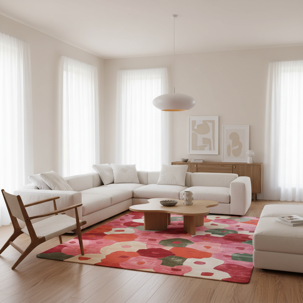 A modern living room featuring a large white sectional sofa, a mid-century wooden armchair, a colorful abstract patterned area rug, and a light wood coffee table. The room has warm beige walls, white curtains, and a minimalist aesthetic.