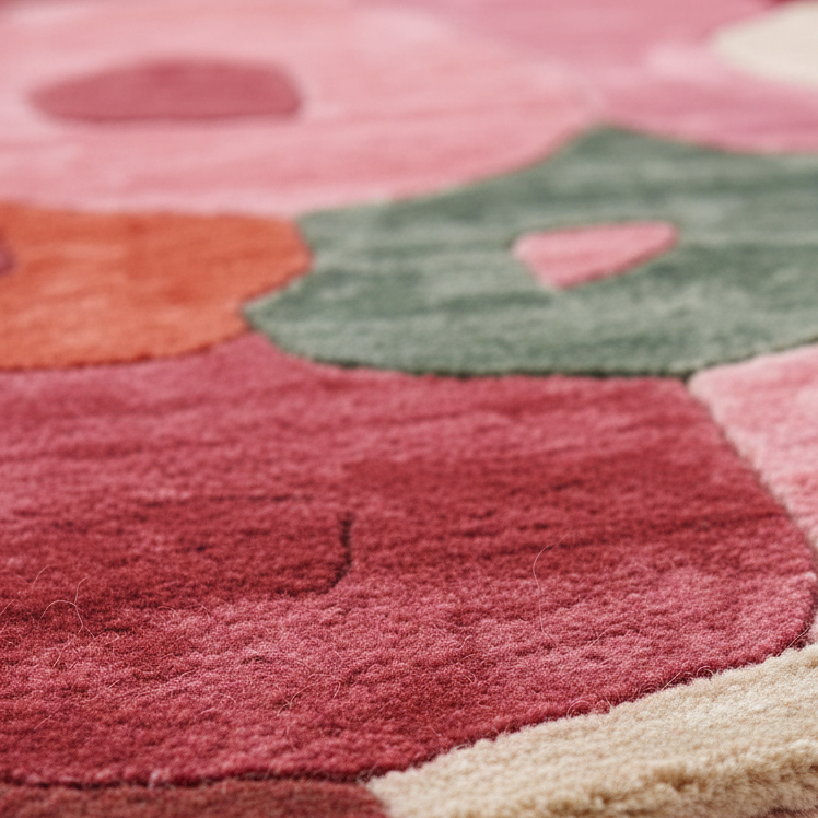 Close-up of a plush area rug with a modern abstract floral pattern in shades of pink, red, sage green, orange, and cream.