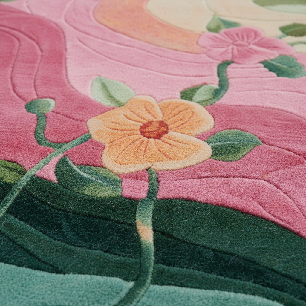 Close-up of a colorful quilted textile featuring embroidered-style flowers in pink, peach, green, and teal with stitched wave-like patterns in the background.