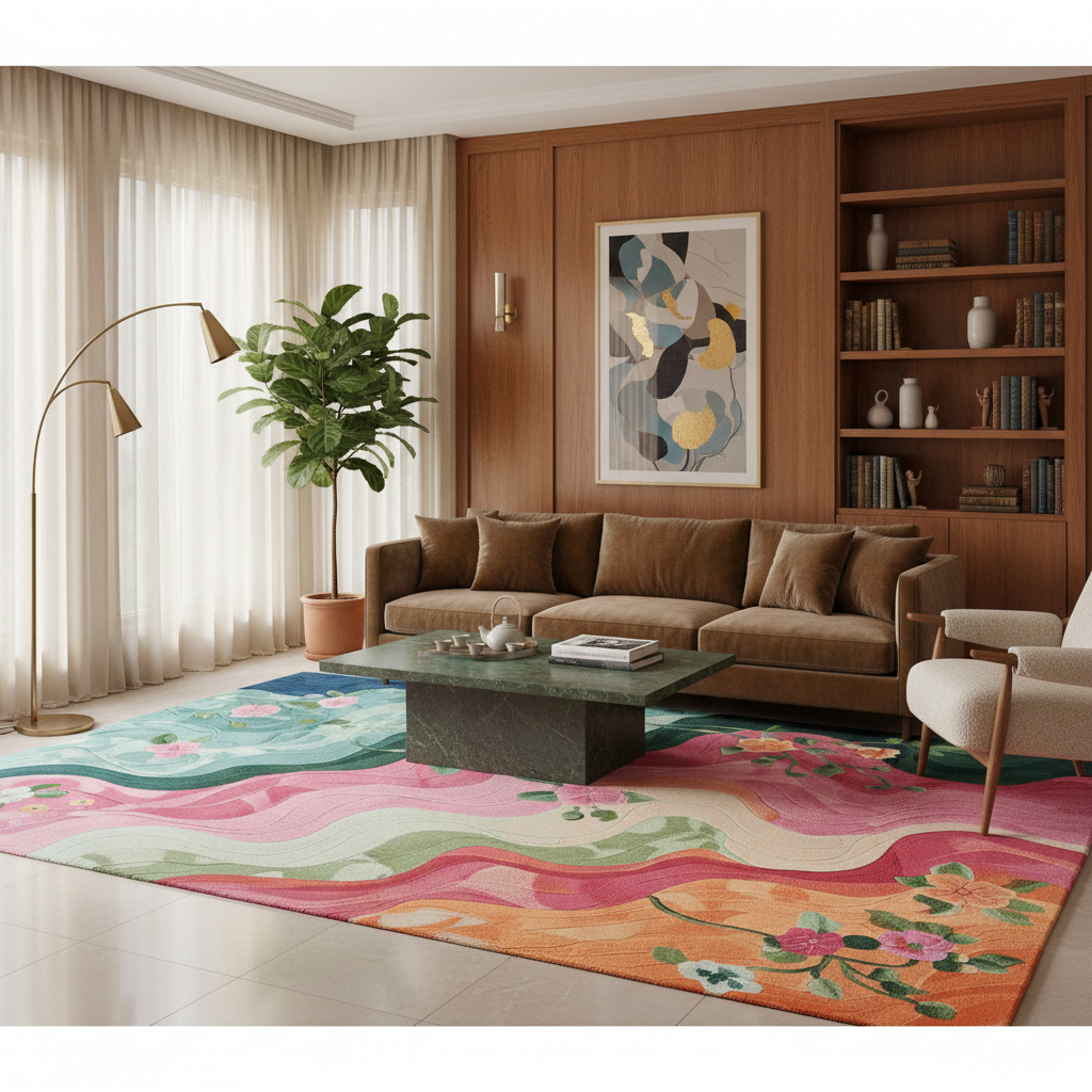A styled living room featuring a large, vibrant abstract wavy area rug in pink, orange, green, and blue. The room includes a brown fabric sofa, a dark stone coffee table, a potted plant, a gold floor lamp, and a built-in wooden bookshelf.