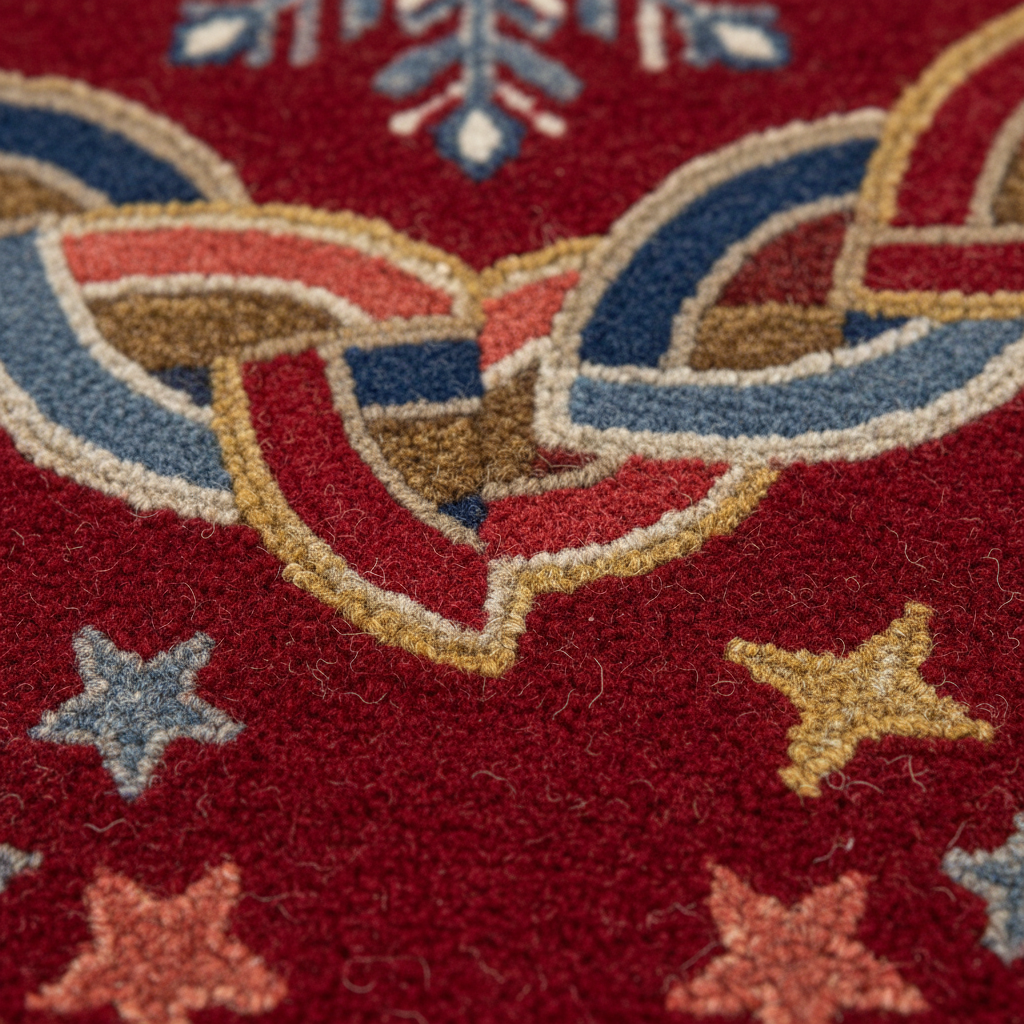 Close-up of a red patterned rug with interlocking abstract shapes in blue, beige, and gold, plus small star motifs.