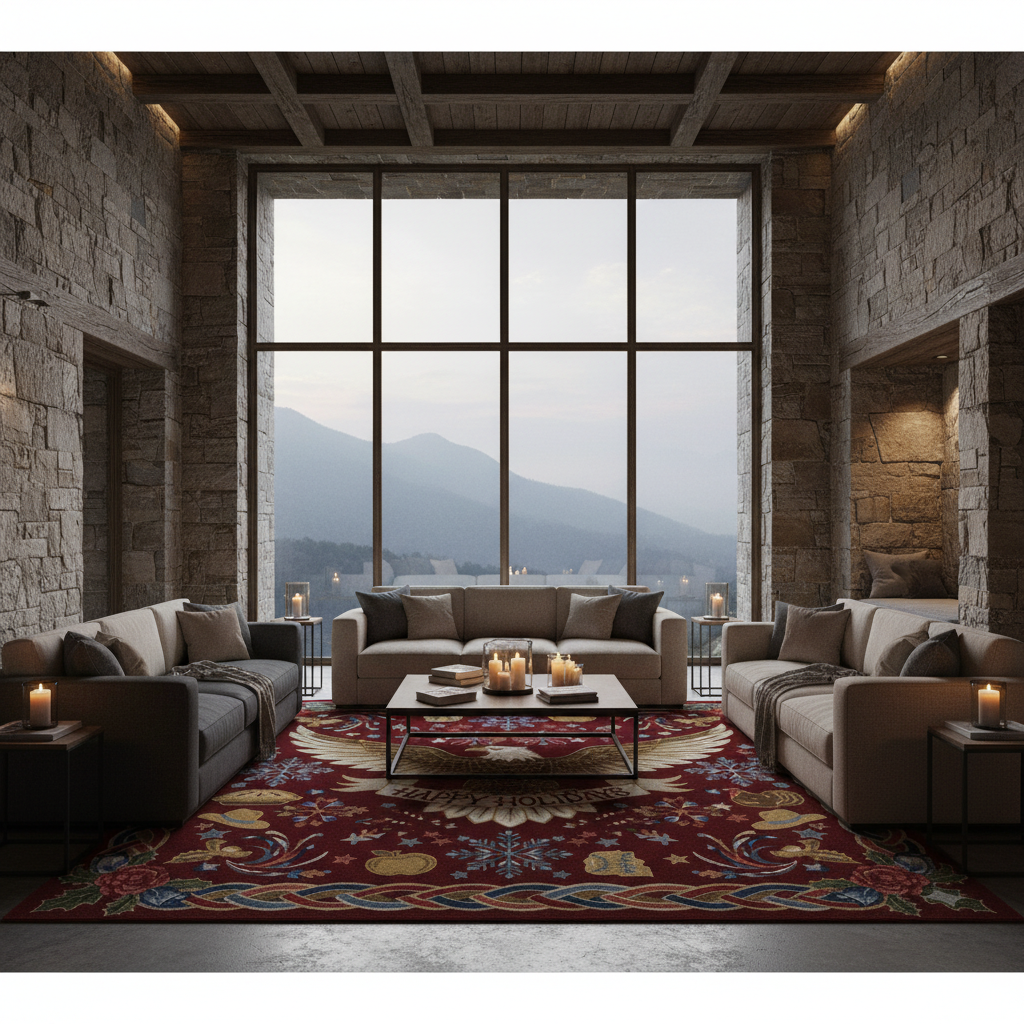 A luxury modern living room with stone walls, a large multi-pane window overlooking mountains, beige sofas, a red patterned area rug, and a central coffee table with lit candles.