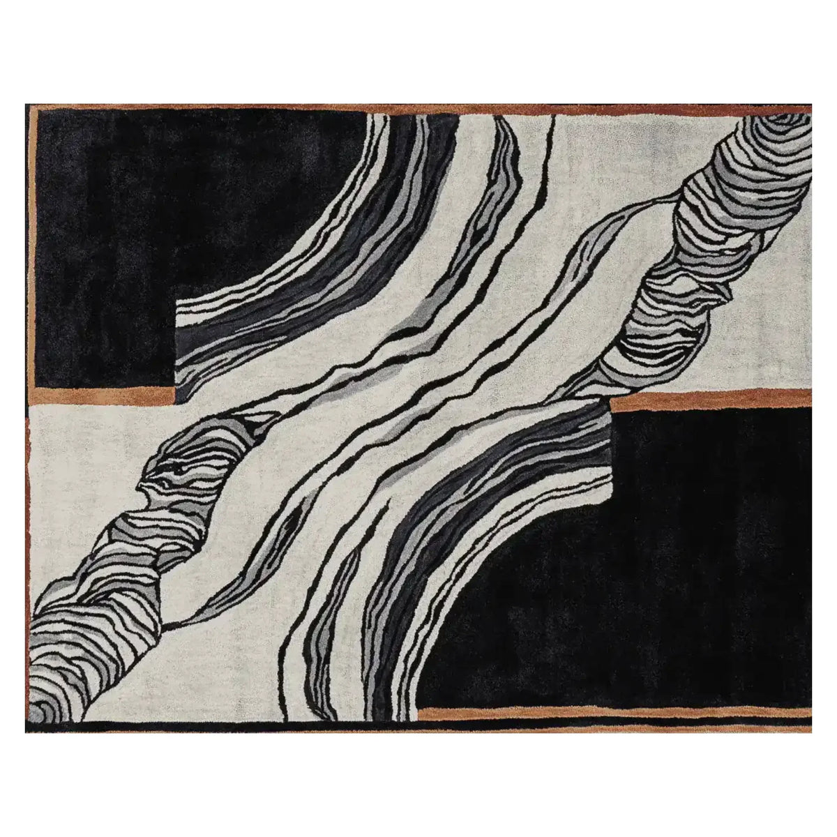 A contemporary hand-tufted area rug featuring an abstract black and white design with bold lines and organic shapes. Perfect for a large living room, this 8x10 wool rug adds a modern touch to any space.