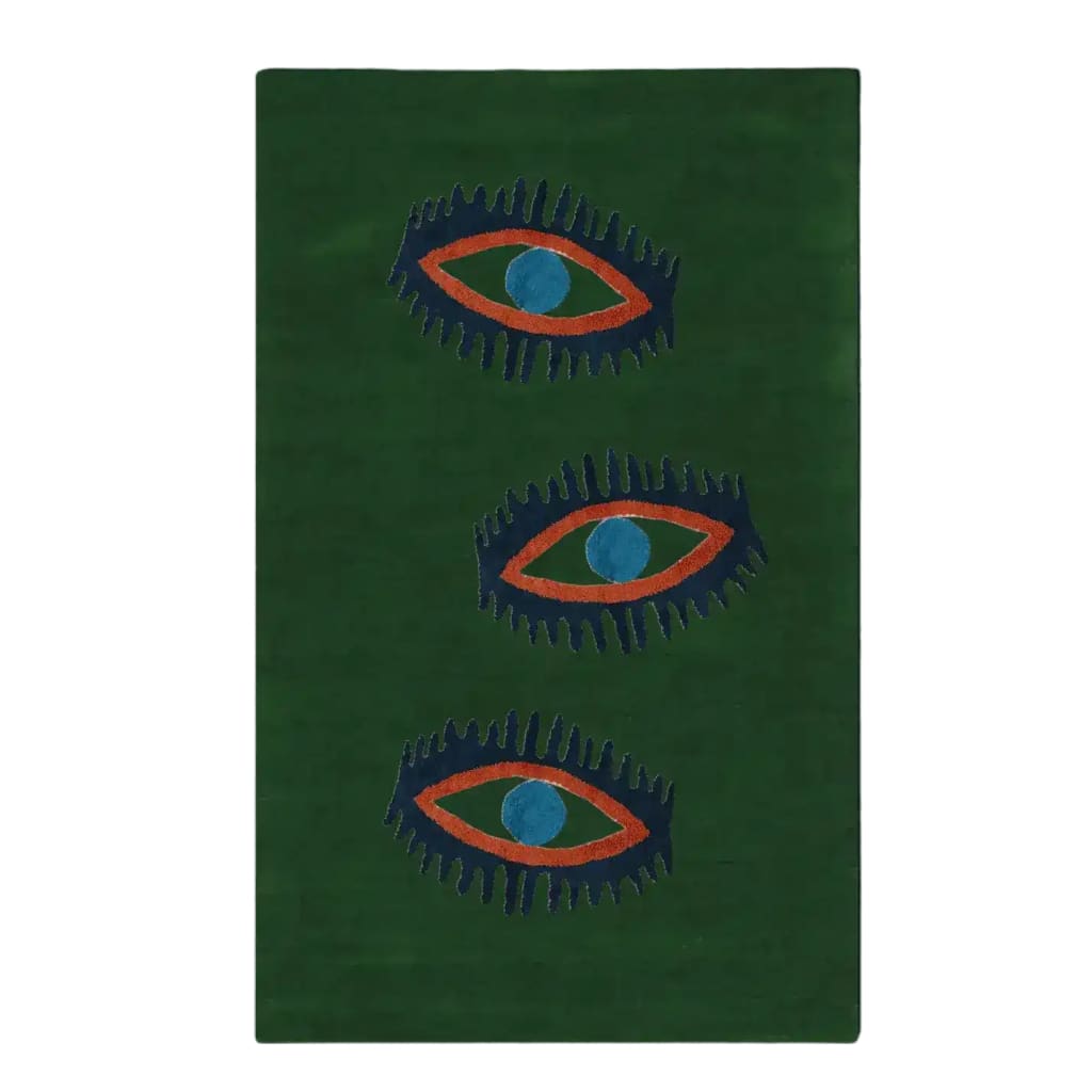 Three Evil Eyes Green Hand Tufted Wool Rug