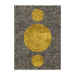 A stunning Three Golden Suns Maze Hand Tufted Wool Rug, perfect for adding a touch of elegance to any living room. This large area rug features an intricate black and white maze pattern with three striking golden circles, ideal for spaces requiring an 8x10 wool rug. A sophisticated choice for area rugs in the living room.