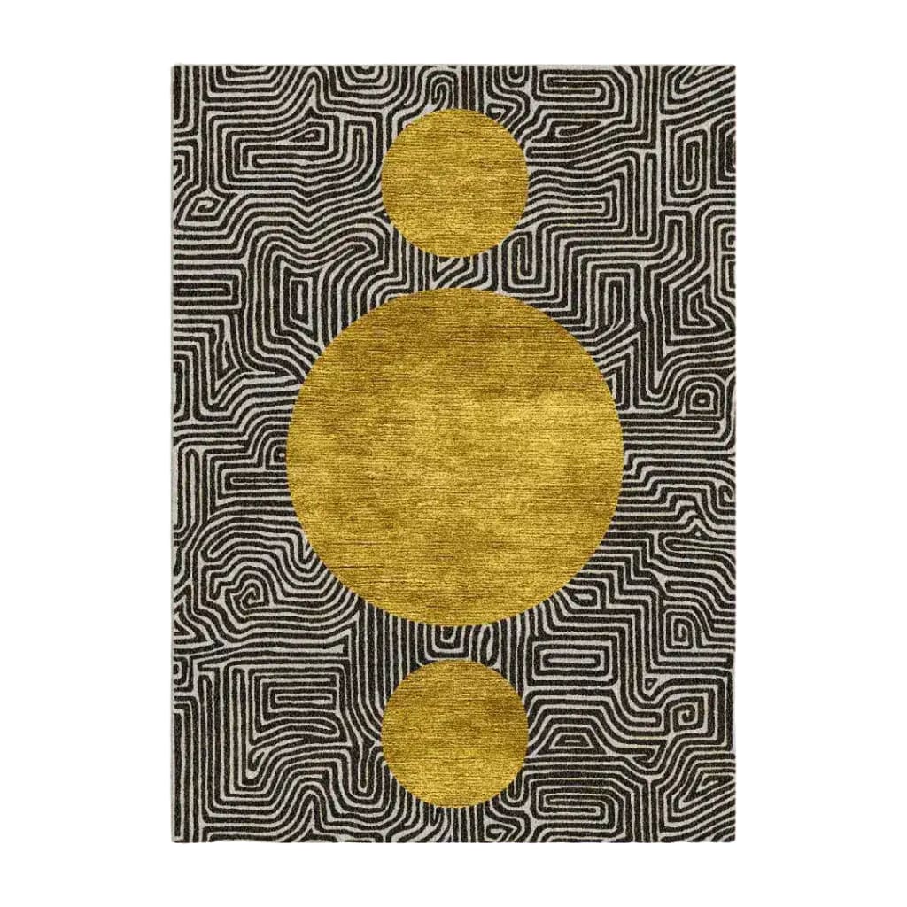 Three Golden Suns Maze rug with gold circles stacked over a black and cream fingerprint maze