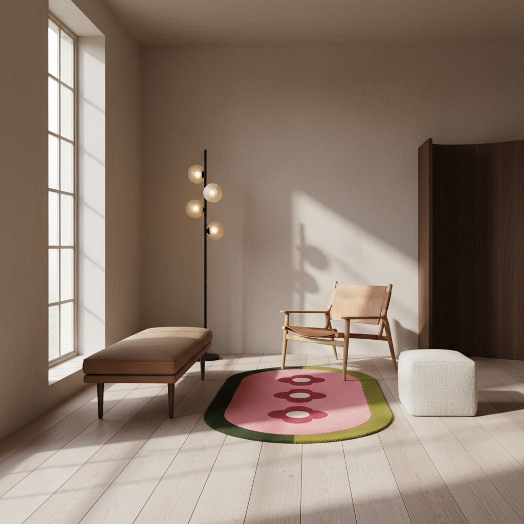 A modern interior room with a pink and green oval area rug, a wooden armchair, a tan bench, a white textured ottoman, and a black floor lamp with glowing globe bulbs.