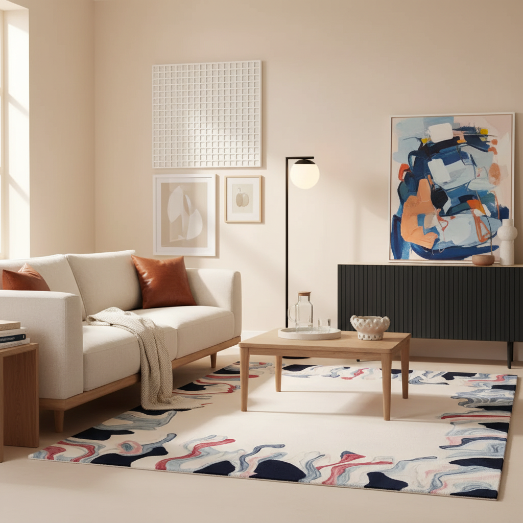 A styled living room interior featuring a cream sofa with rust and brown pillows, a light wood coffee table, a black floor lamp, a patterned area rug, and a large abstract painting on the wall.