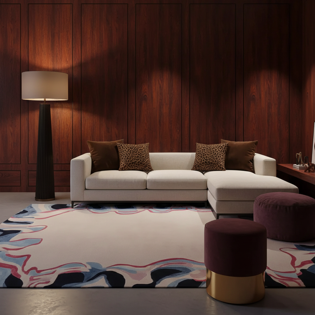 A modern living room scene featuring a cream-colored sectional sofa with four brown and leopard-print throw pillows, set on a large abstract-patterned area rug. The background is a dark wood-paneled wall illuminated by a warm floor lamp, with two velvet ottomans in the foreground.